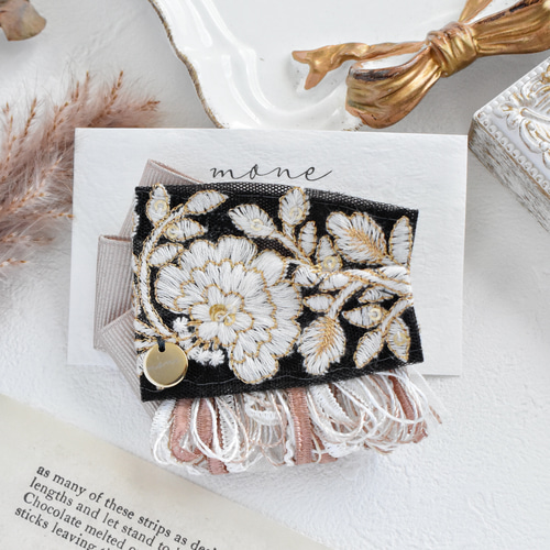 インド刺繍 ヘアクリップ インド刺繍リボン ブラック 黒 ベージュ 