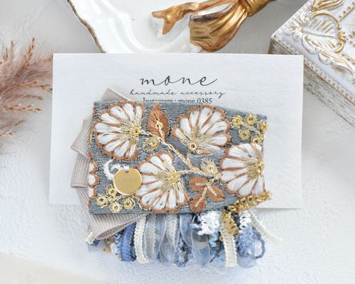 インド刺繍 ヘアクリップ インド刺繍リボン ブルー 青 ベージュ