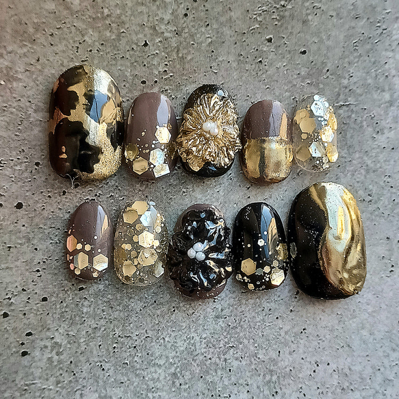 受注製作】 ゴールド×ブラック3Dフラワー ネイルチップ No.103 ネイル  