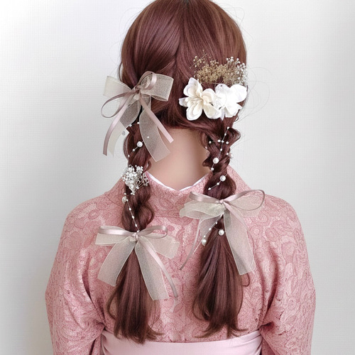 新色【パール ＆ ピンク】ポニーフック/ シアー リボン ヘアリボン