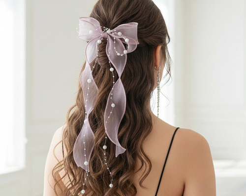 新色【パール ＆ ピンク】ポニーフック/ シアー リボン ヘアリボン