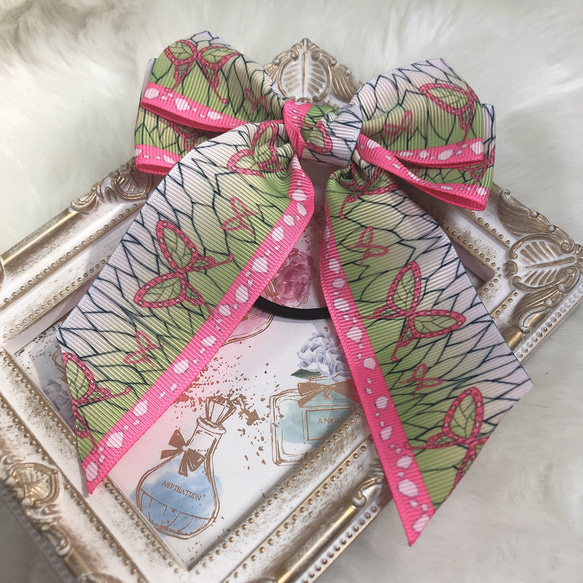 確認　たらりんヘアリボン ヘアゴ厶　533　和風 和柄 蝶 ファー　緑 確認 たらりんヘアリボン ヘアゴ厶 533 和風 和柄 蝶 ファー 緑