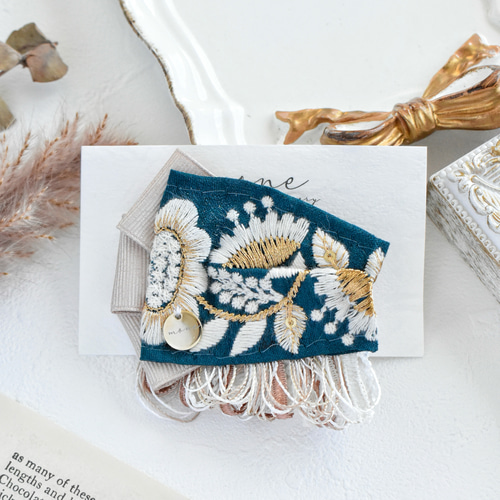 インド刺繍 ヘアクリップ インド刺繍リボン グリーン 緑 ベージュ