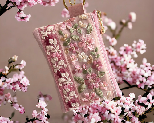 花刺繍付きピンククラッチポーチ 桜/インド刺繍×帆布☆キーホルダー付きフラットポーチ/マルチケース