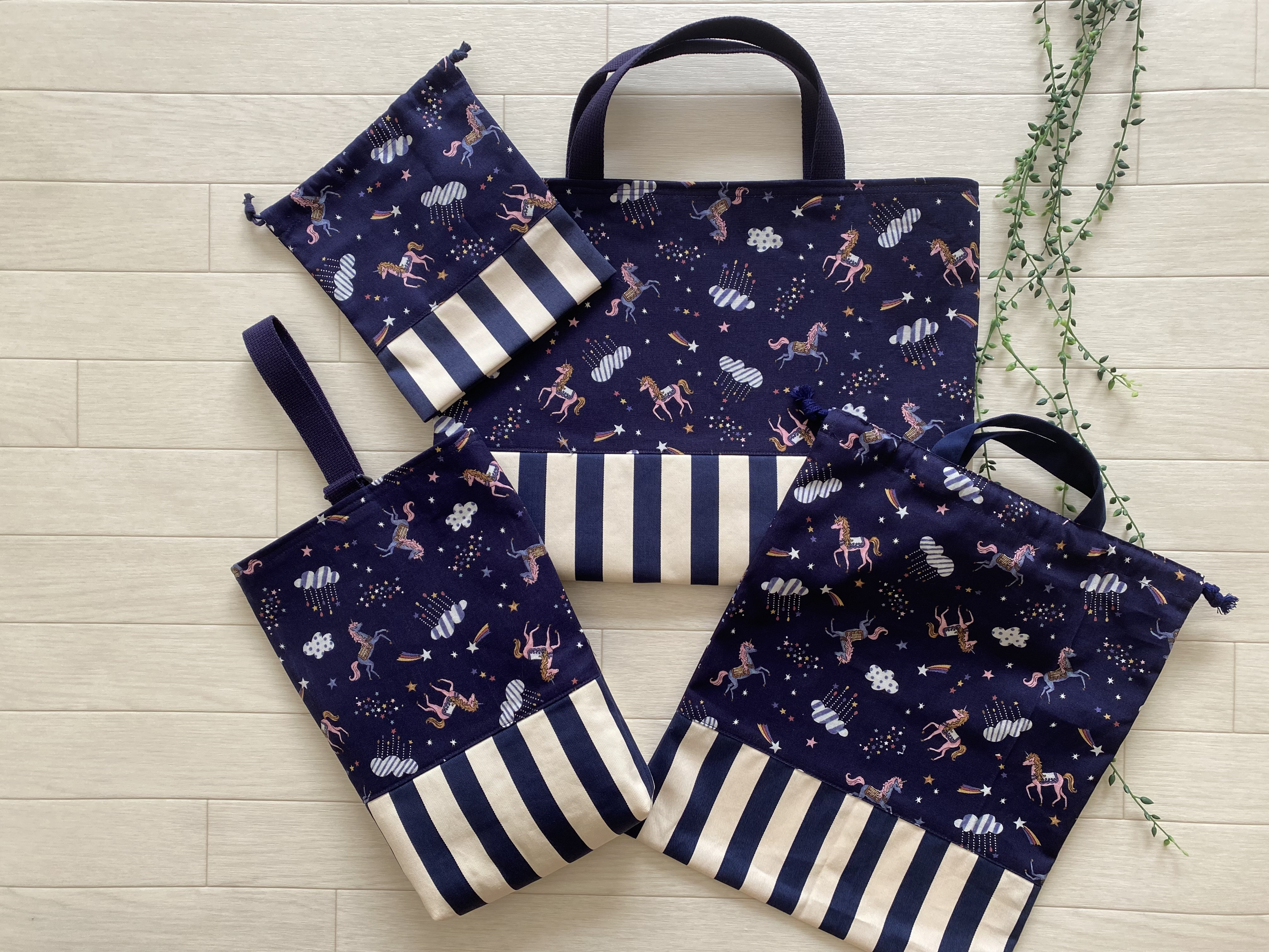2026入園入学＊通園通学グッズ＊ネイビーユニコーン柄＊レッスンバッグ＊シューズ入れ＊体操服入れ＊歯ブラシコップ入れ