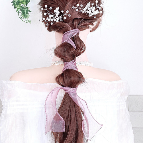 新色【ピンク】シアーリボン ポニーフック/ ブライダルオーガンジー