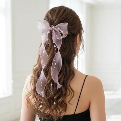 新色【ピンク】シアーリボン ポニーフック/ ブライダルオーガンジー