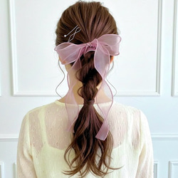 新色【ピンク】シアーリボン ポニーフック/ ブライダルオーガンジー