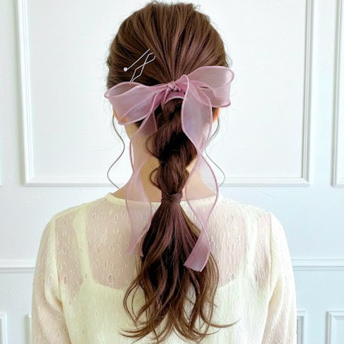 新色【ピンク】シアーリボン ポニーフック/ ブライダルオーガンジー