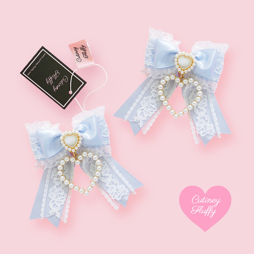 ヘアクリップ　（ハートリボンモチーフ♡青）　ロリィタ　量産型　推し　ヘアメ Jewel ♡ リボン ヘアクリップ ヘアピン 量産型 ミント ロリィタ