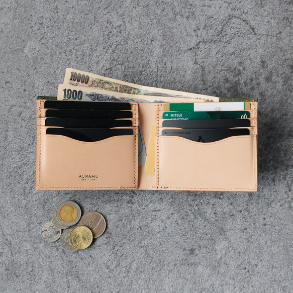 送料無料 AURAMU 二つ折り財布 イタリアンスクラッチ・オイルレザー ROMAN インディゴ 2つ折り 小銭入れ 4枚目の画像