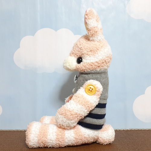 ピンクの桜うさぎさん(グレーの服)□靴下ぬいぐるみ/ソックドール