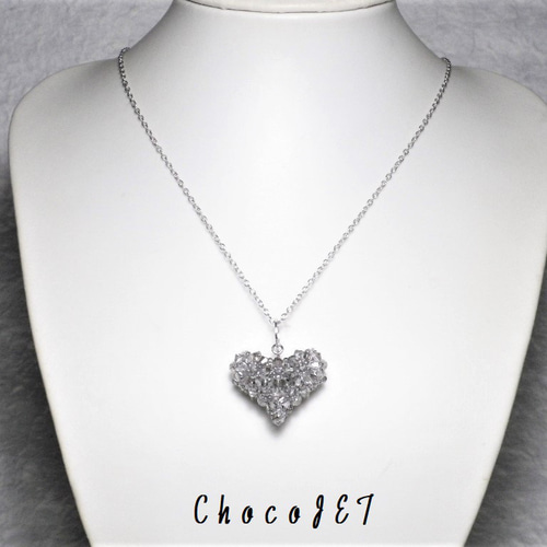 スワロフスキーハートネックレス シルバーグレークリスタルビーズ
