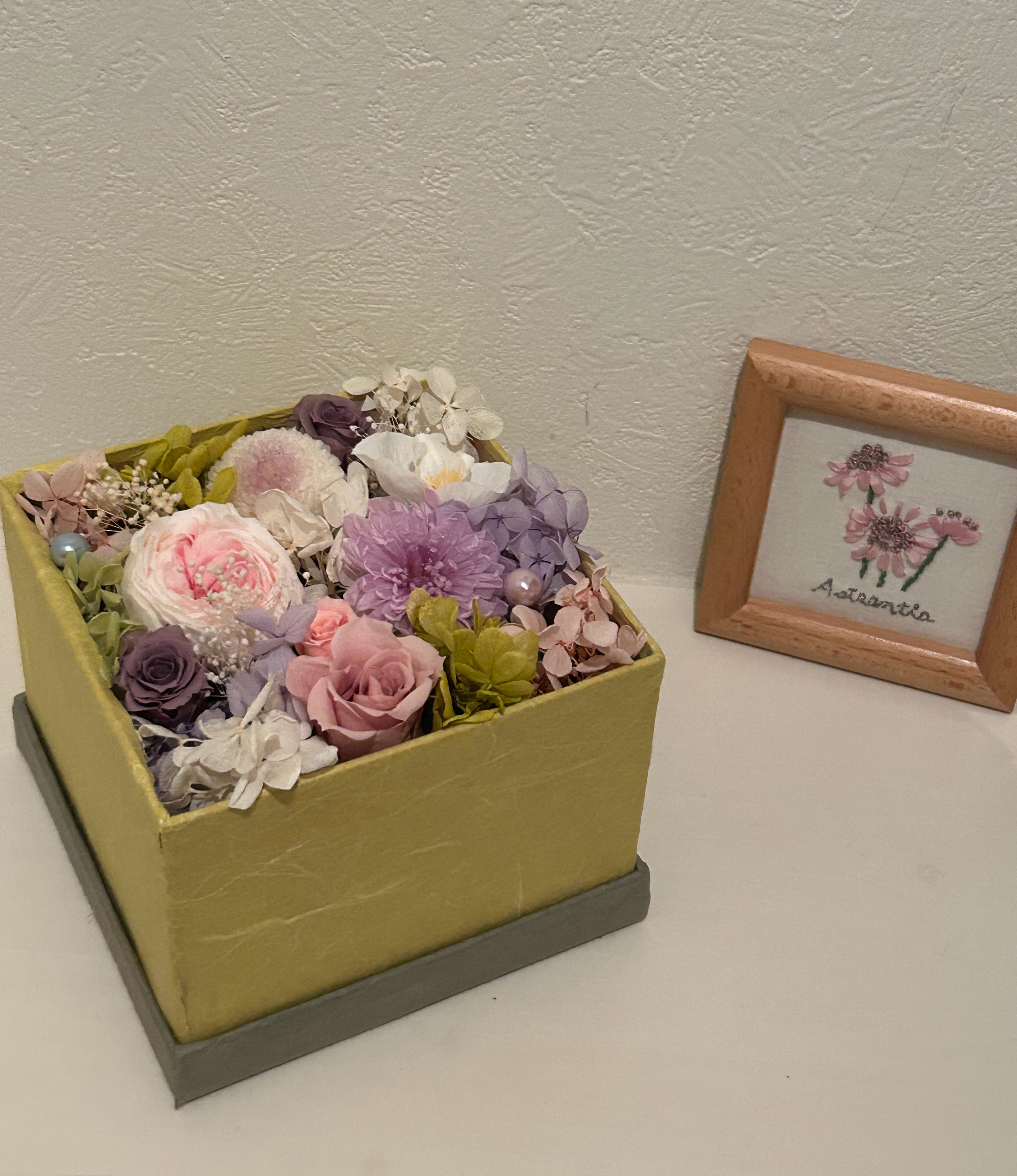 送料無料　和紙のフラワーボックス　お供えフラワー　ころんと可愛いてまりローズ　プリザーブドフラワー　ペットお供え