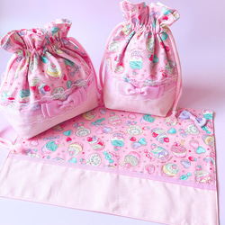 お弁当袋セット ランチ3点セット ランチョンマット 25×35コップ袋 女の子 かわいい ピンク 給食袋 保育園 幼稚園 1枚目の画像