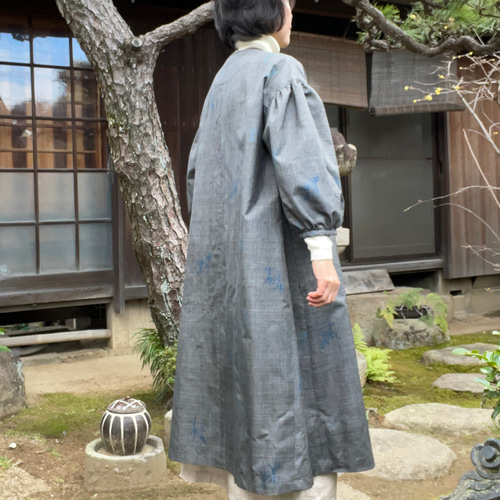 紬リメイク前開きワンピース_36 着物リメイク】脇ギャザーの前開き