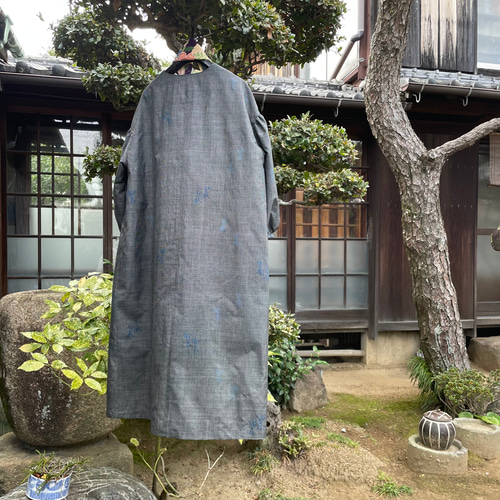 紬リメイク前開きワンピース_36 着物リメイク】脇ギャザーの前開き