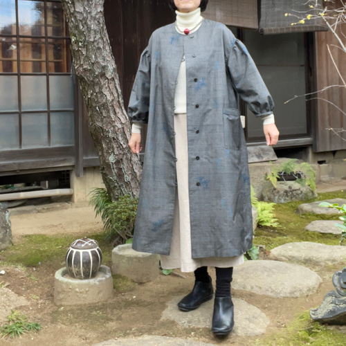 着物リメイク】ふんわり袖の前開きワンピース/大島紬/Aライン