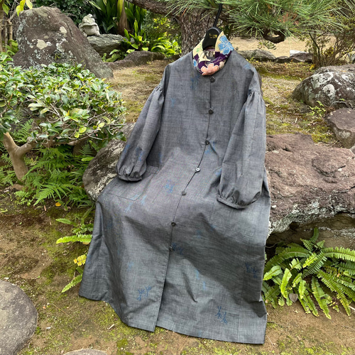 着物リメイク】ふんわり袖の前開きワンピース/大島紬/Aライン