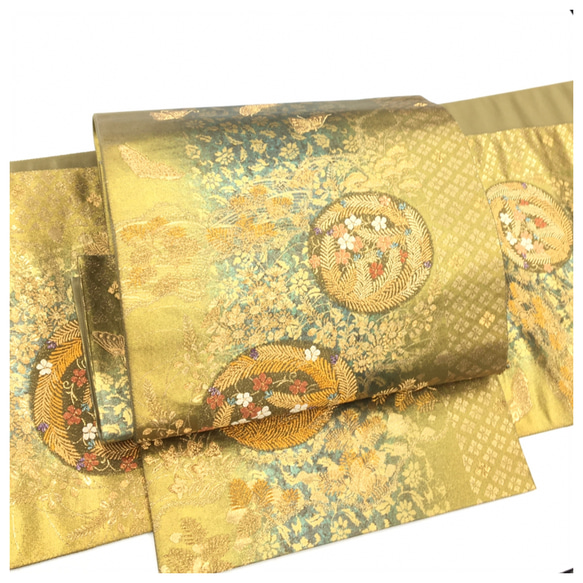 美品 正絹 高級呉服 金茶 袋帯 二部式 二重太鼓 作り帯 和装小物（帯 
