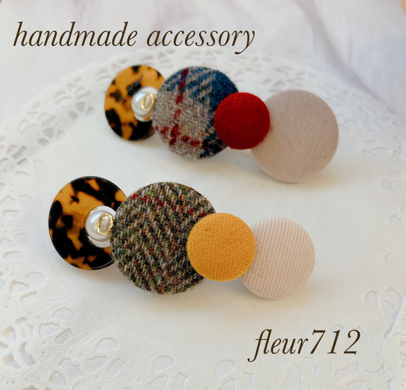 ボタンバレッタ　ヘアアクセサリー　秋冬　ハリスツイード　　ベージュ　　べっ甲　④ 1枚目の画像