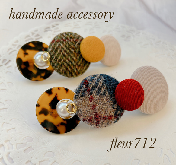 ボタンバレッタ　ヘアアクセサリー　秋冬　ハリスツイード　　ベージュ　　べっ甲　④ 5枚目の画像