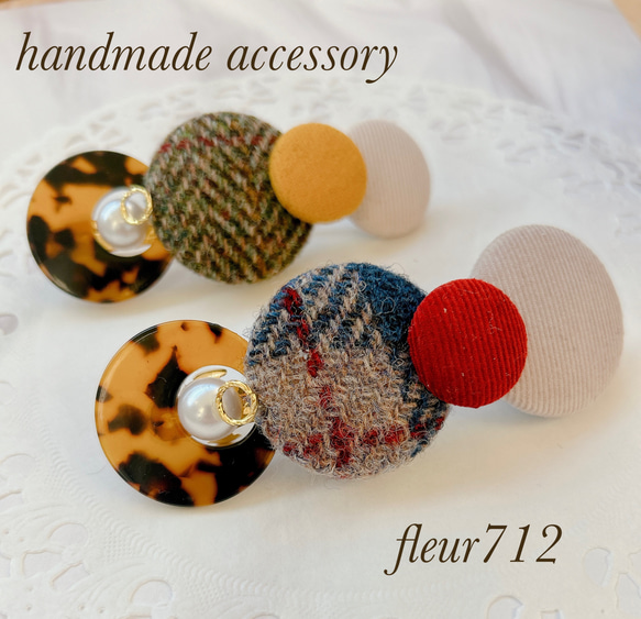 ボタンバレッタ　ヘアアクセサリー　秋冬　ハリスツイード　　ベージュ　　べっ甲　④ 7枚目の画像