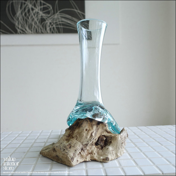 硝子フラワーベースSin01 花瓶 プリミティブガラスベース 手作り 一輪挿し 一点物 ハンドメイド 無垢材 自然な様 3枚目の画像