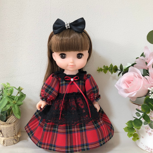 赤いチェックワンピース3点セット☆26cmドール服 ソランちゃん服 