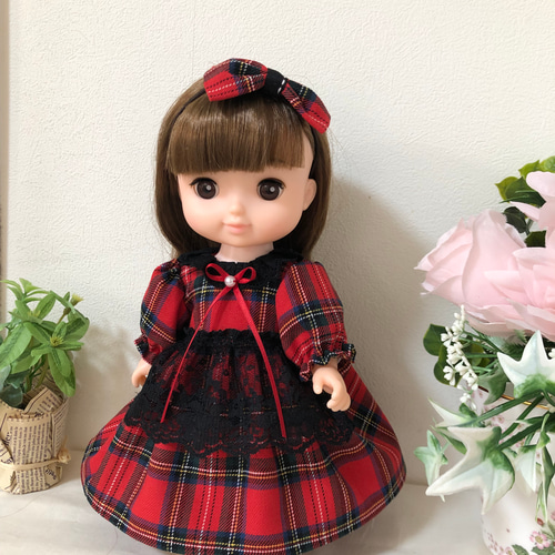 赤いチェックワンピース3点セット☆26cmドール服 ソランちゃん服  