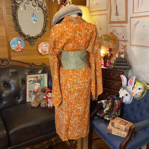 和洋折衷 古着 単衣着物 和 ハンドメイド リメイク ワンピース ドレス