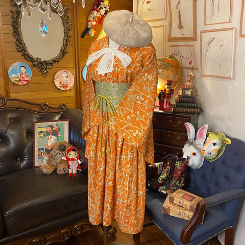 和洋折衷 古着 単衣着物 和 ハンドメイド リメイク ワンピース ドレス