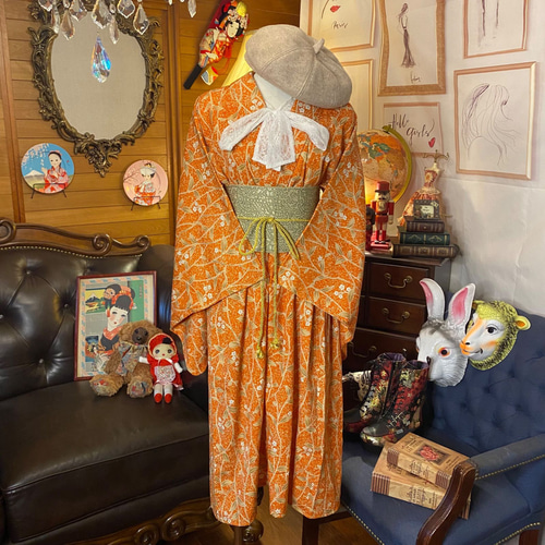 和洋折衷 古着 単衣着物 和 ハンドメイド リメイク ワンピース ドレス