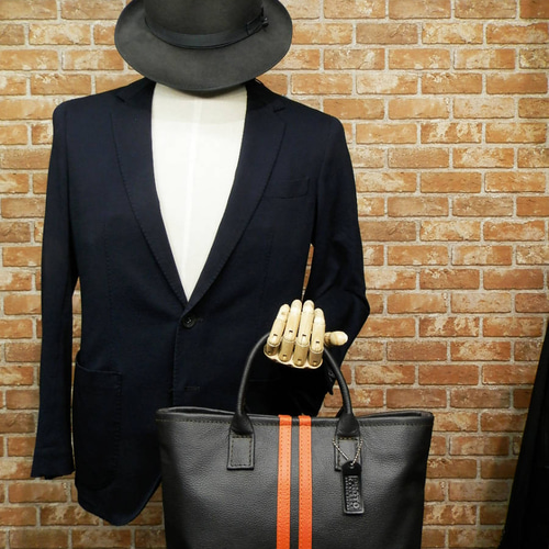 工房直売♪オレンジのレーシングストライプ本革ミニトートバッグです