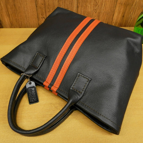 工房直売♪オレンジのレーシングストライプ本革ミニトートバッグです