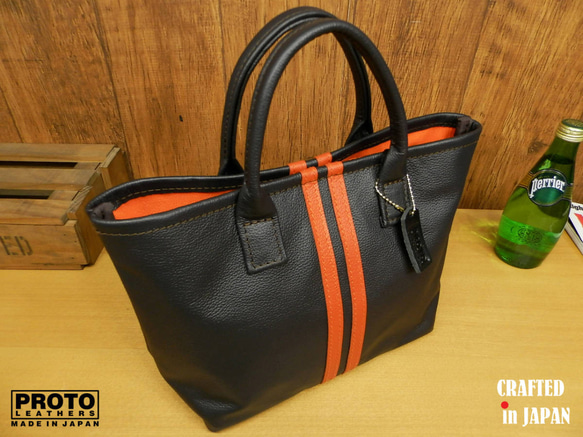 COACH トートバッグ 黒 オレンジ ストライプ 工房直売♪オレンジのレーシングストライプ本革ミニトートバッグ