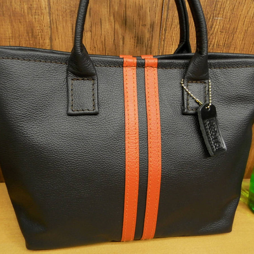 COACH トートバッグ 黒 オレンジ ストライプ 工房直売♪オレンジのレーシングストライプ本革ミニトートバッグ