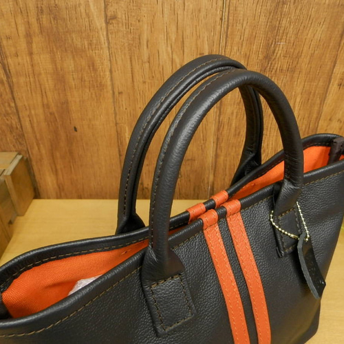 工房直売♪オレンジのレーシングストライプ本革ミニトートバッグです