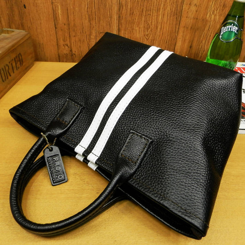 受注生産♪スポーティーなストライプ入り本革ミニトートバッグです♪黒