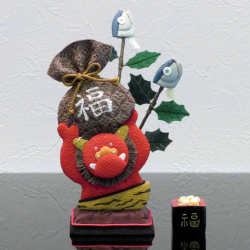 正絹節分飾り【福配る鬼ーお豆枡付き】季節の飾り 立体押し絵 縮緬細工