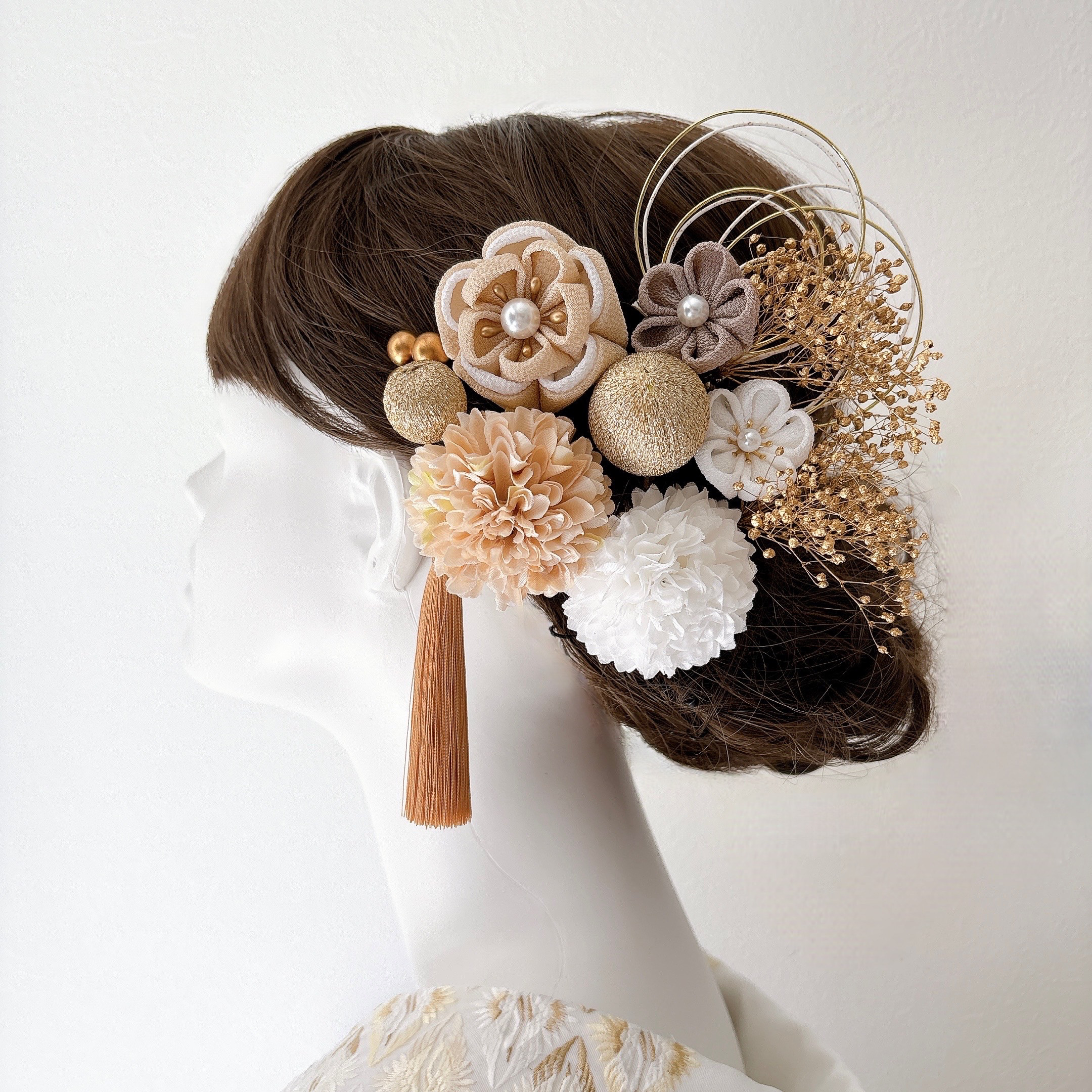 つまみ細工 髪飾り ベージュ×グレージュ 梅 13点セット 成人式 前撮り 卒業式 結婚式 七五三
