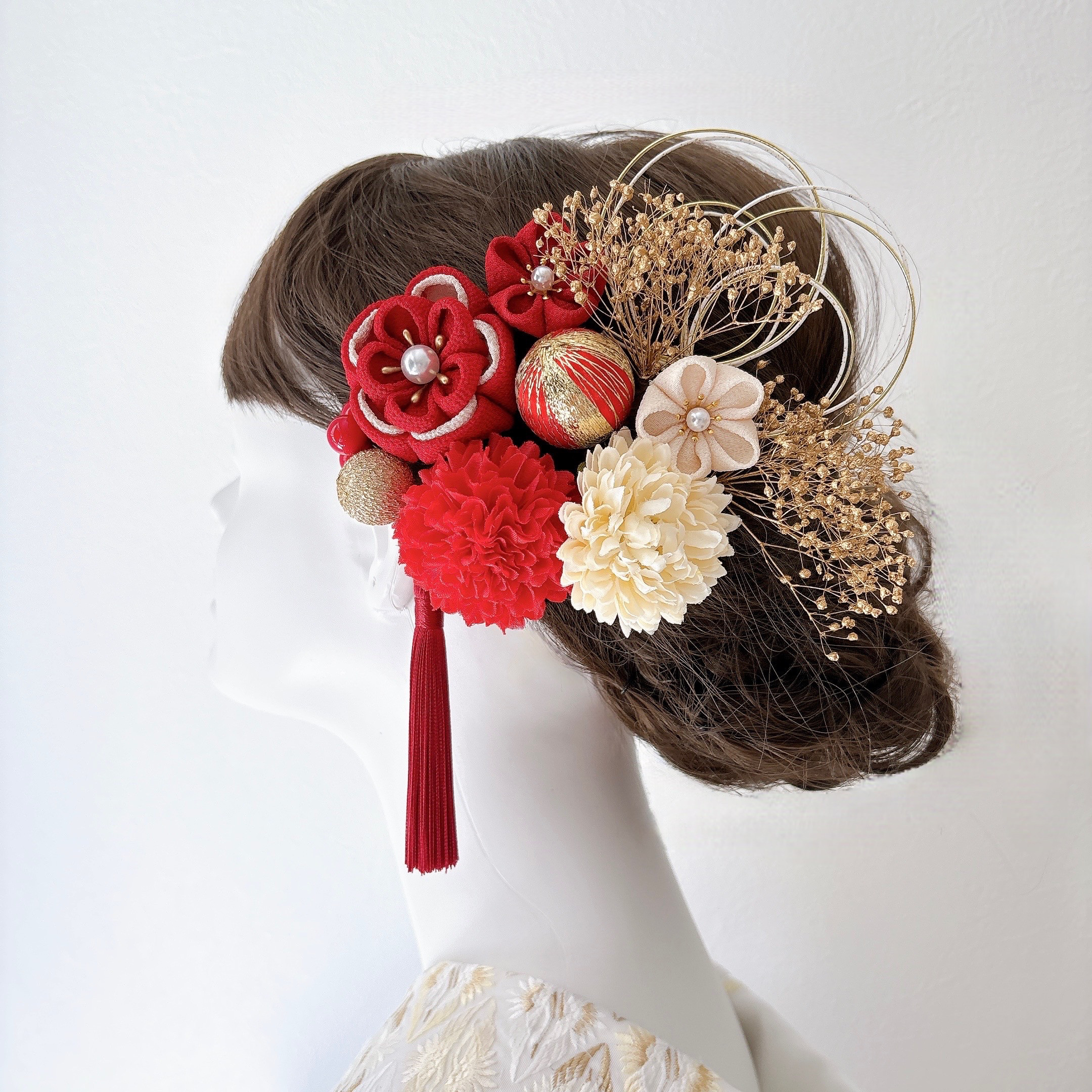 つまみ細工 髪飾り 赤×アイボリー 梅 13点セット 成人式 前撮り 卒業式 結婚式 七五三