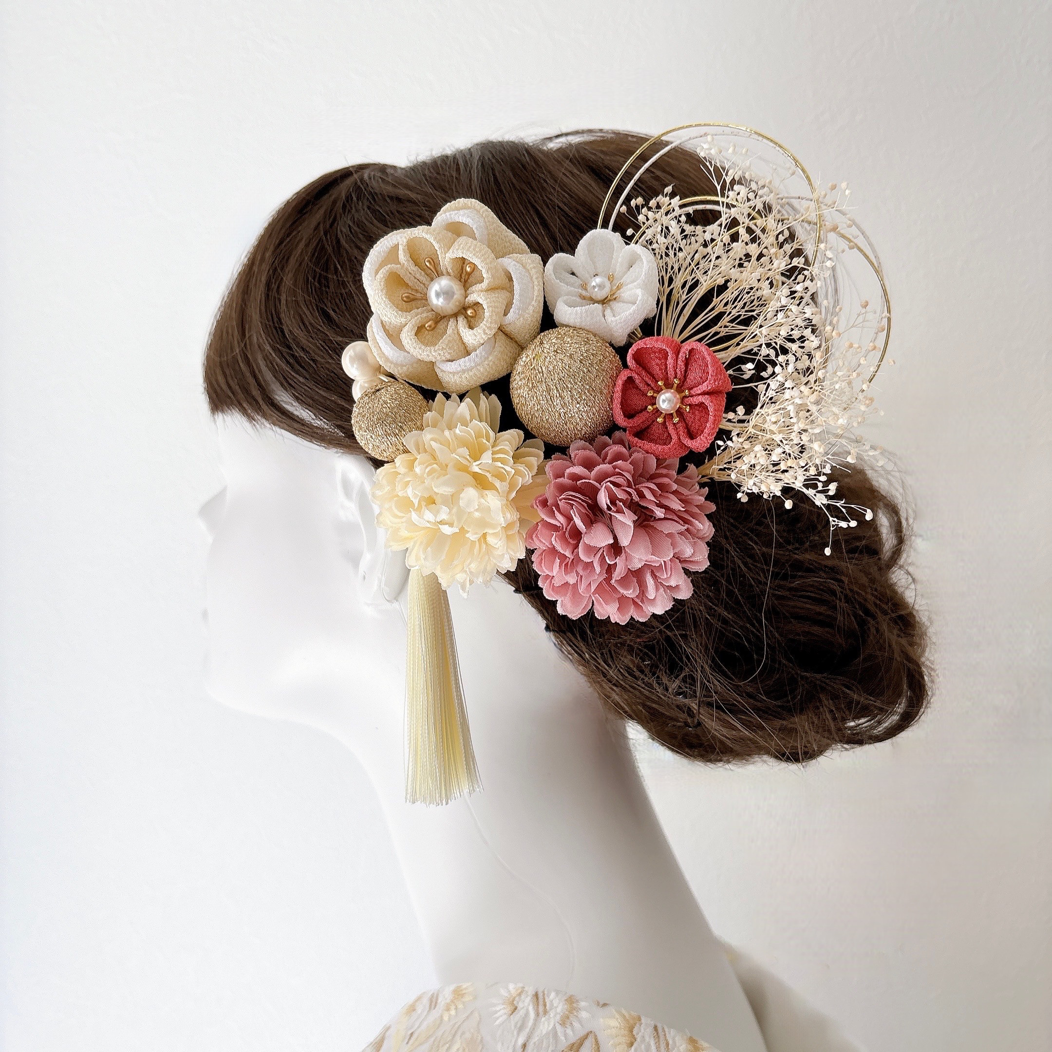 つまみ細工 髪飾り アイボリー×くすみピンク 梅 13点セット 成人式 前撮り 卒業式 結婚式 七五三