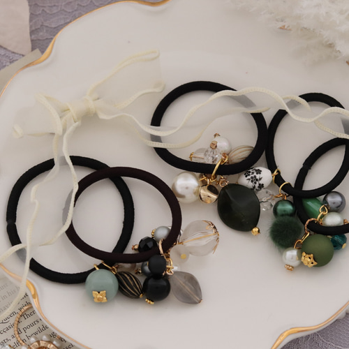 じゃらじゃら ヘアゴム アンティークディープグリーン V-379) 連