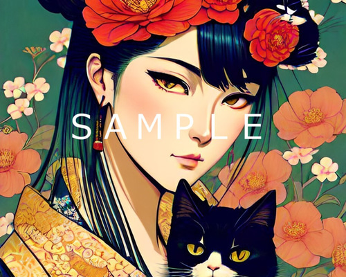 猫と女性と花(オリジナルイラスト)A4 №s-2948 イラスト shizennokaze