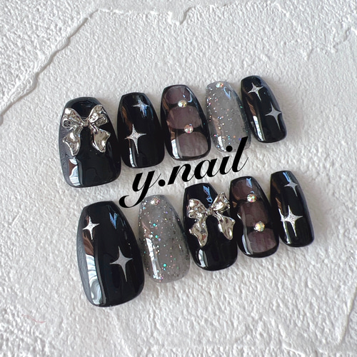 【オーダーページ】ネイルチップ　韓国　ネイビー　リボン　ストーン オーダーページ】ネイルチップ 韓国 ネイビー リボン ストーン