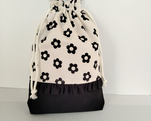 上履き袋 上靴いれ 巾着タイプ フラワーホワイト×ブラックフリル