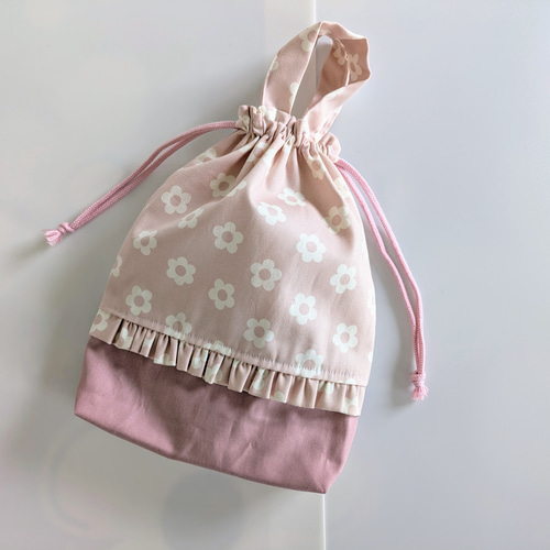 上履き袋 上靴いれ 巾着タイプ フラワーくすみピンクフリル 女の子