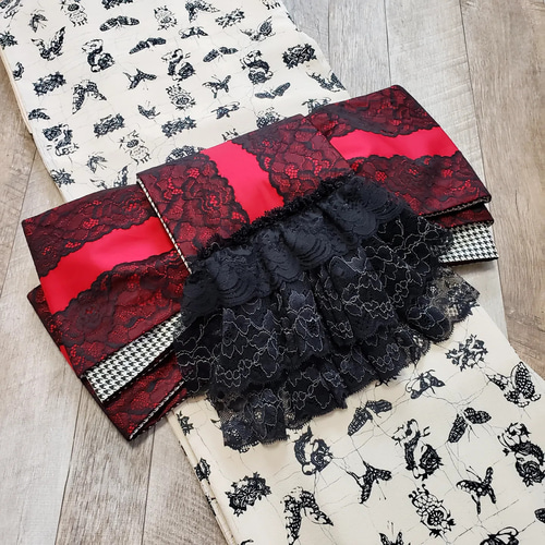 半幅帯】レッドクイーン フリルレース 千鳥格子 /red queen白 黒 赤  