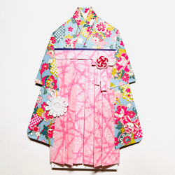 着物のお祝い袋654 ご祝儀袋　はかま　卒業　水色　牡丹　桜 1枚目の画像